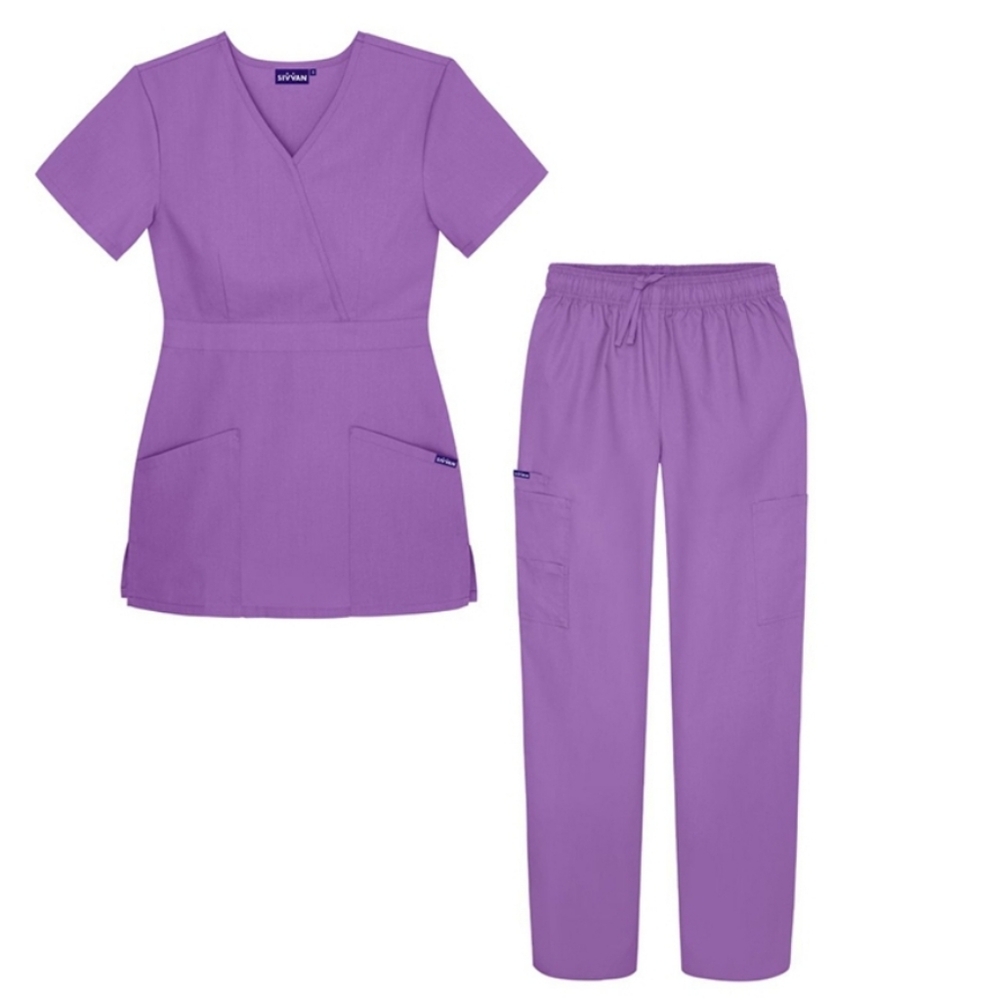 Adar Sivvan Women's Mock Wrap Top And Cargo Pant Scrub Set